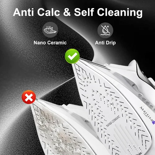 Vista 7 de Martisan Plancha de vapor para ropa, 1800 W, suela de nano cerámica, ráfaga de vapor dinámica, termostato preciso para todas las telas, apagado