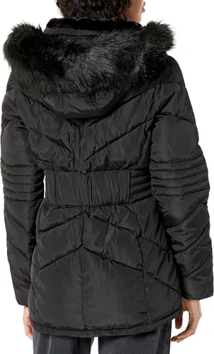 Vista 2 de GUESS Women's Short Hooded Puffer Coat with Faux Fur Bib