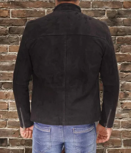 Vista 7 de Blingsoul Brown Suede Jacket Men - Chaqueta de piel de cordero real negra para hombres