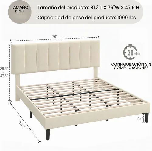 Vista 9 de VECELO Base de cama tamaño King con cabecera tapizada, color beige