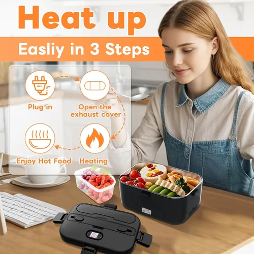 Vista 2 de DUPASU Fiambrera eléctrica calentador de alimentos: Fiambrera térmica de 100 W para adultos, lonchera portátil de calentamiento rápido de 1.8 L
