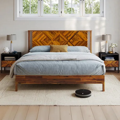 Vista 11 de Bme Ethan - Base de cama Queen con cabecera de diamante, moderna de mediados de siglo, madera de acacia maciza, no necesita somier, se adapta a
