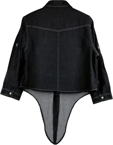 Vista 2 de Omoone Camisa corta de mezclilla para mujer, con manga 34 y nudo