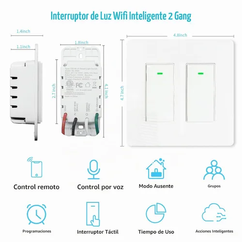 Vista 3 de Interruptor de luz inteligente de 2 bandas (botón), interruptores de luz WiFi inteligentes dobles, interruptor inteligente compatible con Alexa