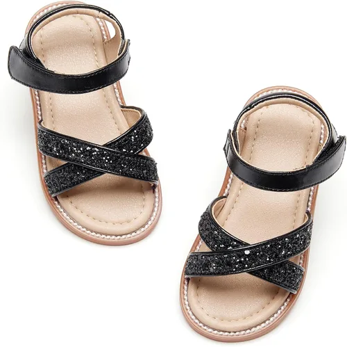 Vista 23 de Sandalias de verano para niñas con puntera abierta, sandalias planas de princesa con suela cómoda D742 Oro