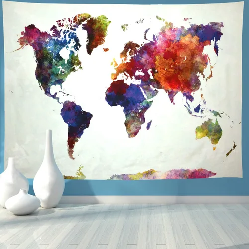 Vista 2 de Ameyahud Tapiz de mapamundi de acuarela, tapiz educativo de geografía, pintura colorida, tapiz del mundo nacional, decoración para colgar