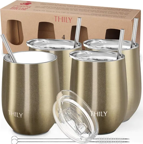 Vista 10 de THILY Paquete de 4 vasos de vino de acero inoxidable con aislamiento al vacío con tapas deslizantes y pajitas, 12 onzas, mantiene el frío para jugo