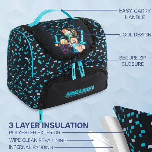 Vista 4 de Get Trend Minecraft - Lonchera reutilizable con aislamiento para niños, bolsa ligera con doble compartimento con asa, se adapta a la lonchera