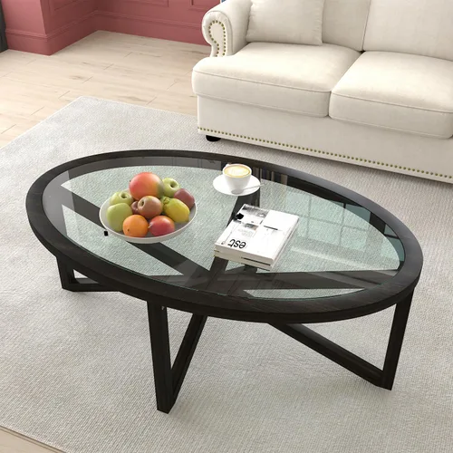 Vista 7 de Mesa auxiliar redonda de 22.1 pulgadas, mesa auxiliar moderna con parte superior de vidrio templado y base de madera maciza para espacios pequeños