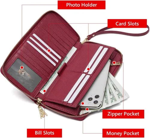Vista 3 de FOXLOVER Carteras de cuero genuino para mujer, con bloqueo RFID, con cremallera, con pulsera