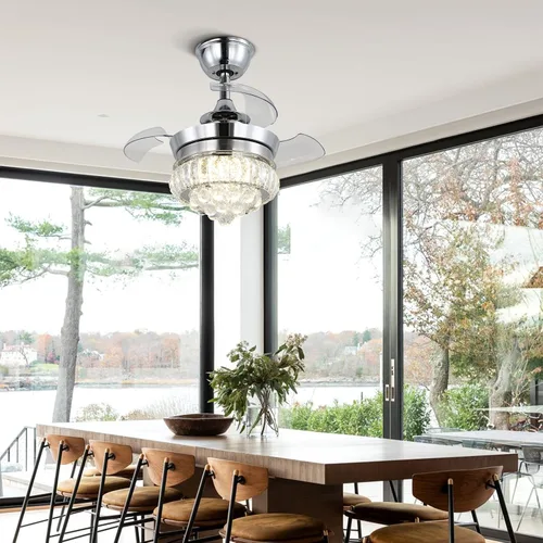 Vista 4 de Ventilador de techo LED de cristal de 22 pulgadas con luz, lámparas pequeñas regulables de 6 velocidades con temporizador, ventilador Chandeleir