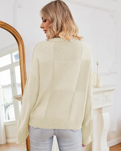 Vista 7 de ZAFUL Women's Pull Over Sweater 2024 Checkerboard Knitted Fall Top Long Sleeve Crew Neck Soild Color Casual Cropped Sweaters