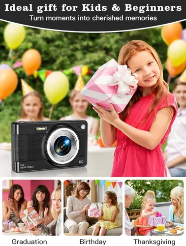 Vista 7 de Cámara digital mejorada, 56MP FHD 1080P para niños con zoom 16x anti-sacudida, tarjeta TF de 32GB, dos baterías, cordón, compacta pequeña para niños
