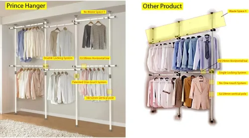 Vista 4 de PRINCE HANGER Rack Heavy Duty One Touch System Load 1,056LBS Percheros de ropa para colgar ropa Armario de metal Barra de tensión de ropa