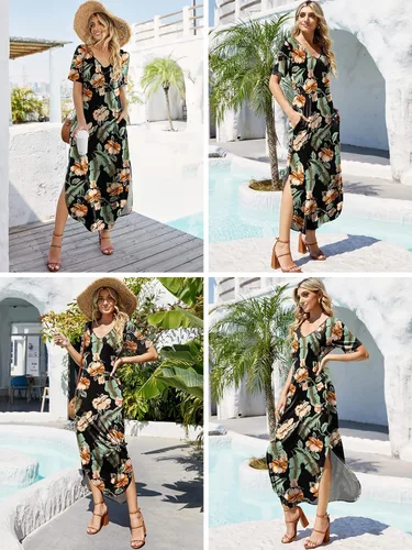 Vista 4 de Vestido largo casual suelto de manga corta con cuello en V para mujer, vestido largo con abertura, vestido de playa de verano con bolsillos