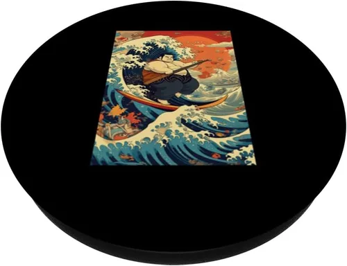 Vista 2 de Funny Surfing Sumo Wrestler on Kanagawa Great Wave PopSockets Adhesive PopGrip