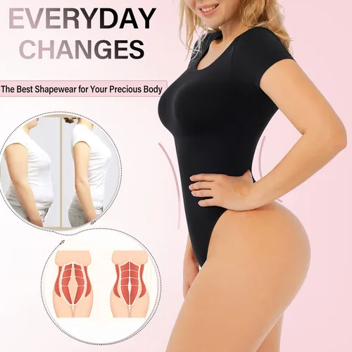 Vista 2 de Bodysuit for Women - Seamless Body Shaper Short Sleeve Shapewear Shaping Sculpting Suit Thong