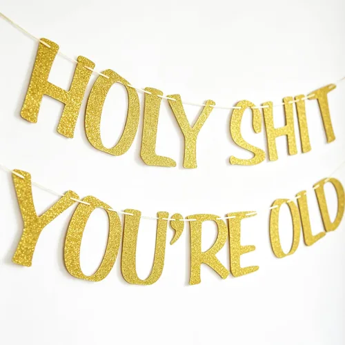 Vista 9 de Cartel de Holy You're Old con purpurina negra para 30, 40, 50, 60, 70, 80, 90, divertido cartel de cumpleaños, banderines, decoración de fiesta