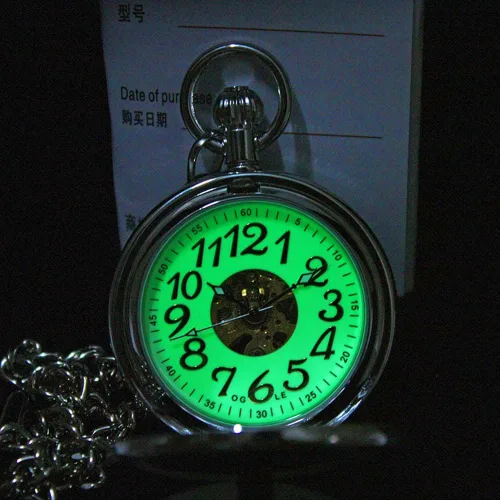 Vista 3 de OGLE Lupa plateada impermeable Tourbillon Phases Moon Chain Fob Auto Bobinado automático Skeleton Half Hunters Reloj de bolsillo mecánico