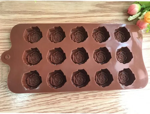Vista 3 de Moldes de silicona con forma de flor de rosa, 15 cavidades antiadherentes de grado alimenticio para chocolates, dulces, cubitos de hielo, gelatinas