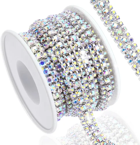 Vista 7 de Cadena de diamantes de imitación de 3 yardas con 3 filas para manualidades, cadena de cierre de diamantes de imitación plateada para hacer joyas
