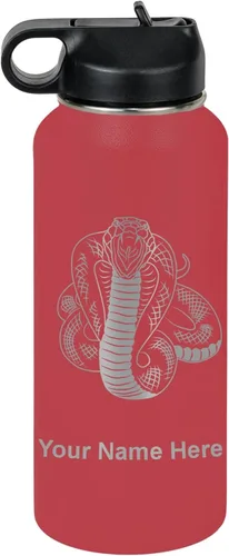 Vista 39 de LaserGram Botella de agua personalizada, serpiente de cobra, acero inoxidable de doble pared aislada al vacío con popote superior, regalo grabado