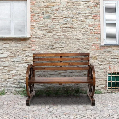 Vista 2 de Banco de ruedas de madera para 2 personas, asiento de madera rústico con asiento y respaldo de listones, color marrón