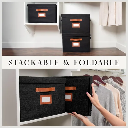 Vista 5 de Paquete de 3 cajas de almacenamiento grandes de tela con tapas (15.75 x 11.25 x 11.25 pulgadas), contenedor decorativo con tapa, soporte