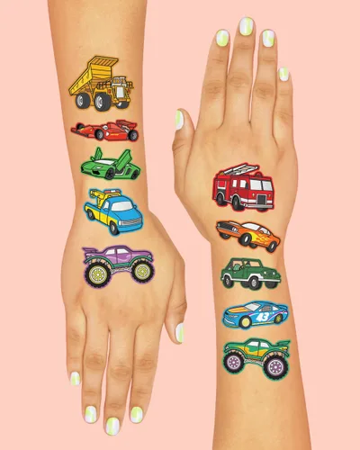 Vista 4 de xo, Fetti Tatuajes temporales de autos y camiones para niños, estilo 42, suministros de fiesta de cumpleaños, recuerdos de fiesta de autos