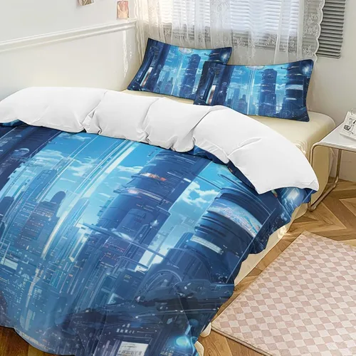Vista 21 de Art Duvet Cover Full Size, Ultra Soft Microfiber Night Scenery Bedding Set, 3 Pieces City View Pattern Comforter Cover Set with Zipper Closure