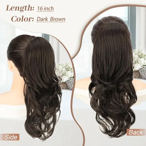 Vista 2 de KooKaStyle Extensiones de cola de caballo, 16 pulgadas, color marrón oscuro, largo, ondulado, con clip, extensiones de cabello sintético en capas