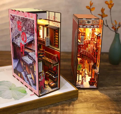Vista 2 de Rompecabezas de madera 3D con caja de música de luz sensor, kit de montaje de rincón de libros en miniatura para casa de muñecas, sujetalibros, kit