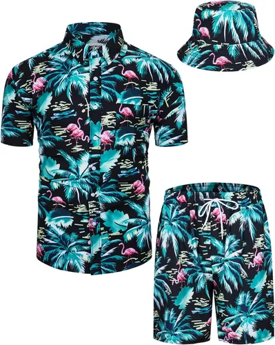 Vista 96 de TUNEVUSE Conjunto de camisas y pantalones cortos hawaianos para hombre, 2 piezas, trajes de playa con estampado de flores, traje tropical de verano