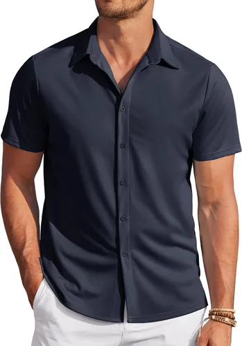 Vista 21 de COOFANDY - Camisas sin arrugas para hombre, casual, manga corta, con botones, de verano, elástica, de vestir