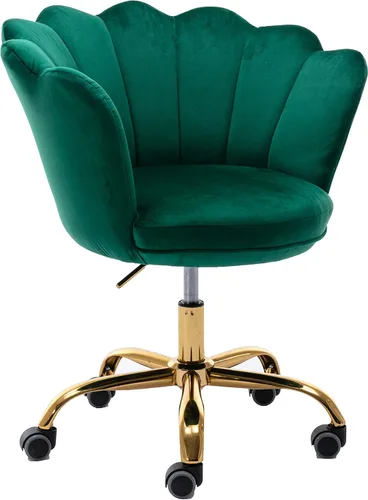 Vista 21 de Cómoda silla de trabajo para oficina en casa con ruedas, bonita y moderna tapizada de terciopelo con respaldo de concha, silla de escritorio Negro