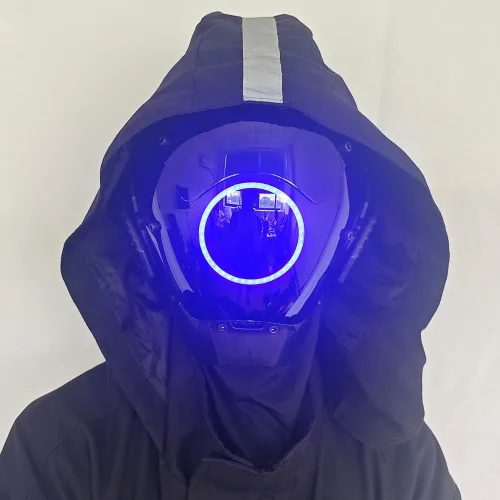 Vista 2 de KYEDAY Máscara punk cosplay para hombres, máscara de luz redonda LED para mujeres, cosplay, Halloween, fiesta, festival de música, accesorios
