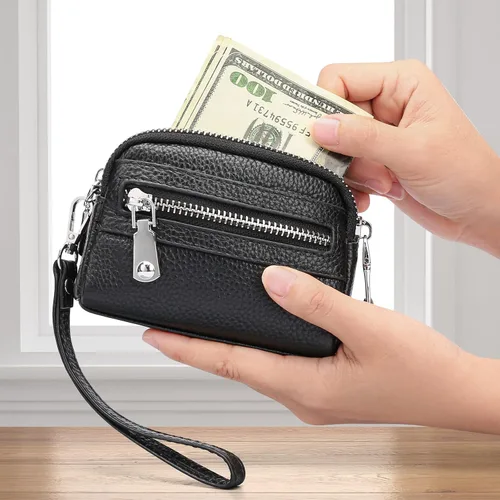Vista 7 de SENDEFN Monedero para mujer de cuero con doble cremallera alrededor de bolsa pequeña, Negro -, 5256