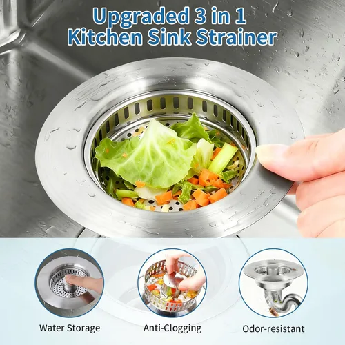 Vista 2 de La solución definitiva para fregadero de cocina: colador y tapón de drenaje 3 en 1. Acero inoxidable 304, antiobstrucción, antiolor para desagües