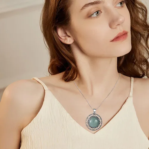 Vista 3 de KZYOYE Collar con colgante de piedra redonda, collar de turquesa, piedra natal auténtica, cristales curativos, joyería vintage para mujeres, niñas