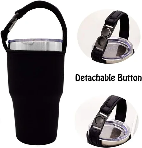Vista 4 de Funda de neopreno con asa de transporte para vasos de 30 onzas con correa para el hombro, apta para YETI, Rtic, Atlin, Ozark Trail, Rambler, funda