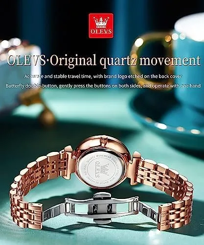 Vista 8 de OLEVS Relojes de mujer Vestido simple Reloj de mujer Reloj de acero inoxidable de oro rosa Reloj impermeable de cuarzo con fecha de lujo
