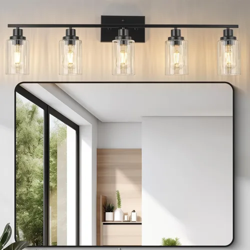 Vista 21 de Jonsi Accesorios de iluminación de baño dorados, 2 luces de tocador de oro cepillado con pantalla de vidrio estriada, luces modernas sobre espejo