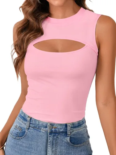 Vista 23 de Vrtige Camiseta sin mangas sexy con cuello redondo para mujer, de punto acanalado, sin mangas, ajustada
