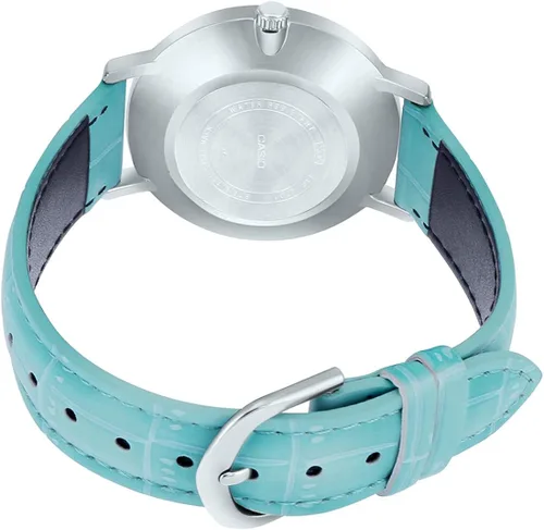 Vista 4 de Casio LTP-VT01L-7B3 - Reloj analógico con esfera plateada y correa de piel azul para mujer