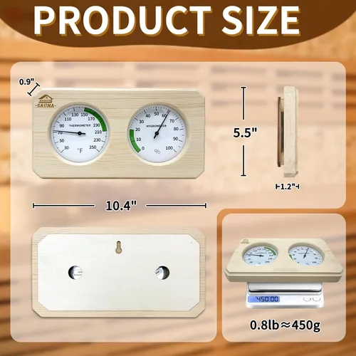 Vista 2 de Termómetro e higrómetro de sauna 2 en 1, termómetro de sauna ajustable de pino, termómetro de sauna de calibre Fahrenheit para sala de sauna
