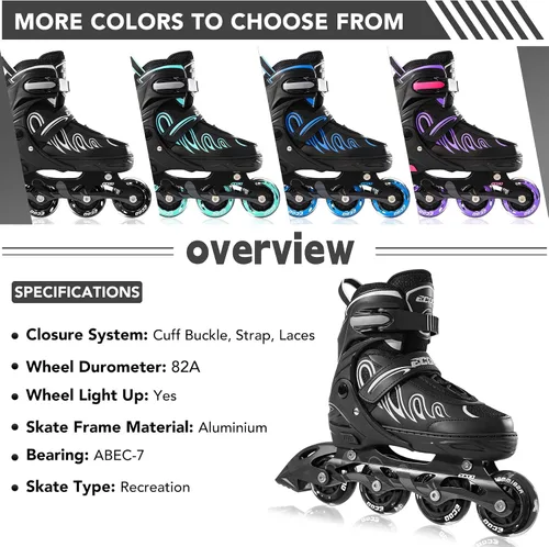 Vista 6 de Patines en línea para niñas y niños de 5 a 8 años, 8 a 12 años, ruedas iluminadas, tamaño ajustable, para niños, adultos, mujeres, exteriores