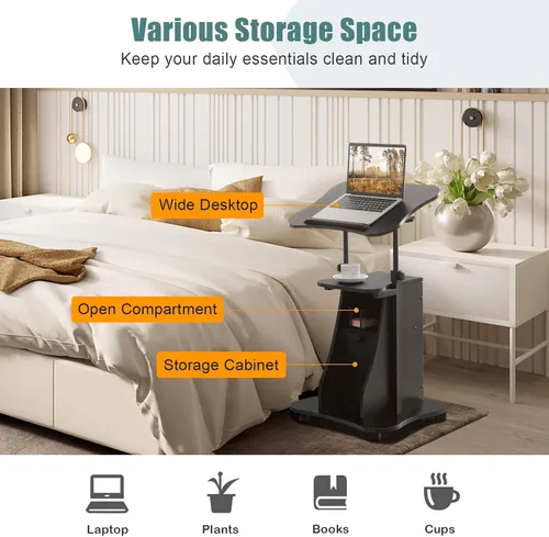 Vista 6 de Podio portátil para laptop, soporte de podio portátil de altura ajustable, escritorio de atril rodante con almacenamiento, parte superior inclinable