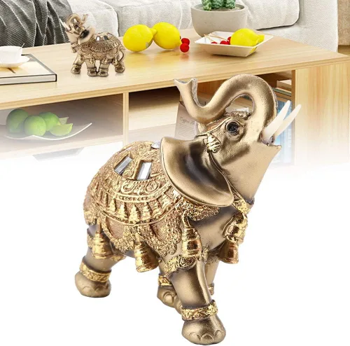 Vista 2 de ZJchao Escultura de elefante dorado, artesanía de la suerte, estatua de elefante dorado de Feng Shui, figura de riqueza para decoración del hogar (L)