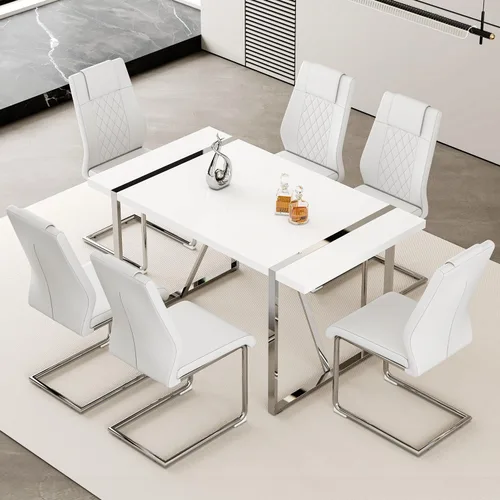 Vista 14 de Juego de mesa de comedor moderna de 55 pulgadas para 4, mesa de comedor negra y marco de metal dorado, mesa de comedor rectangular con 4 sillas
