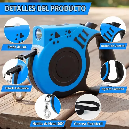Vista 6 de Correa retráctil para perro con linterna recargable USB para paseos nocturnos, correa telescópica automática de tractor de 16 pies para perros Azul